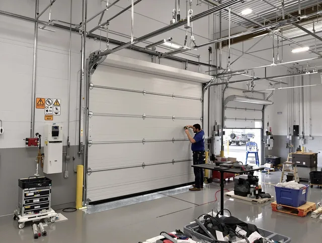 Commercial garage door repair being performed by Stratford Garage Door Repair expert in Stratford