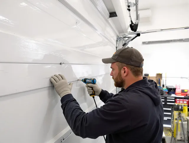 Stratford Garage Door Repair technician demonstrating precision dent removal techniques on a Stratford garage door