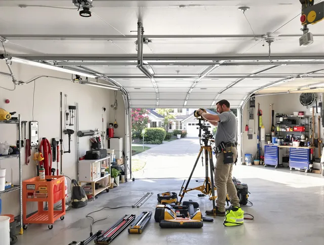 Stratford Garage Door Repair specialist performing laser-guided track alignment in Stratford